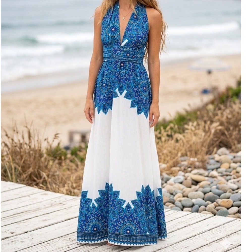 La Vilaine Halter Maxi Dress Small Mandala Floral Beachwear Resort Vacation